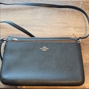 Coach Black Pebbled Leather Slim Crossbody with Brown Monogram Insert